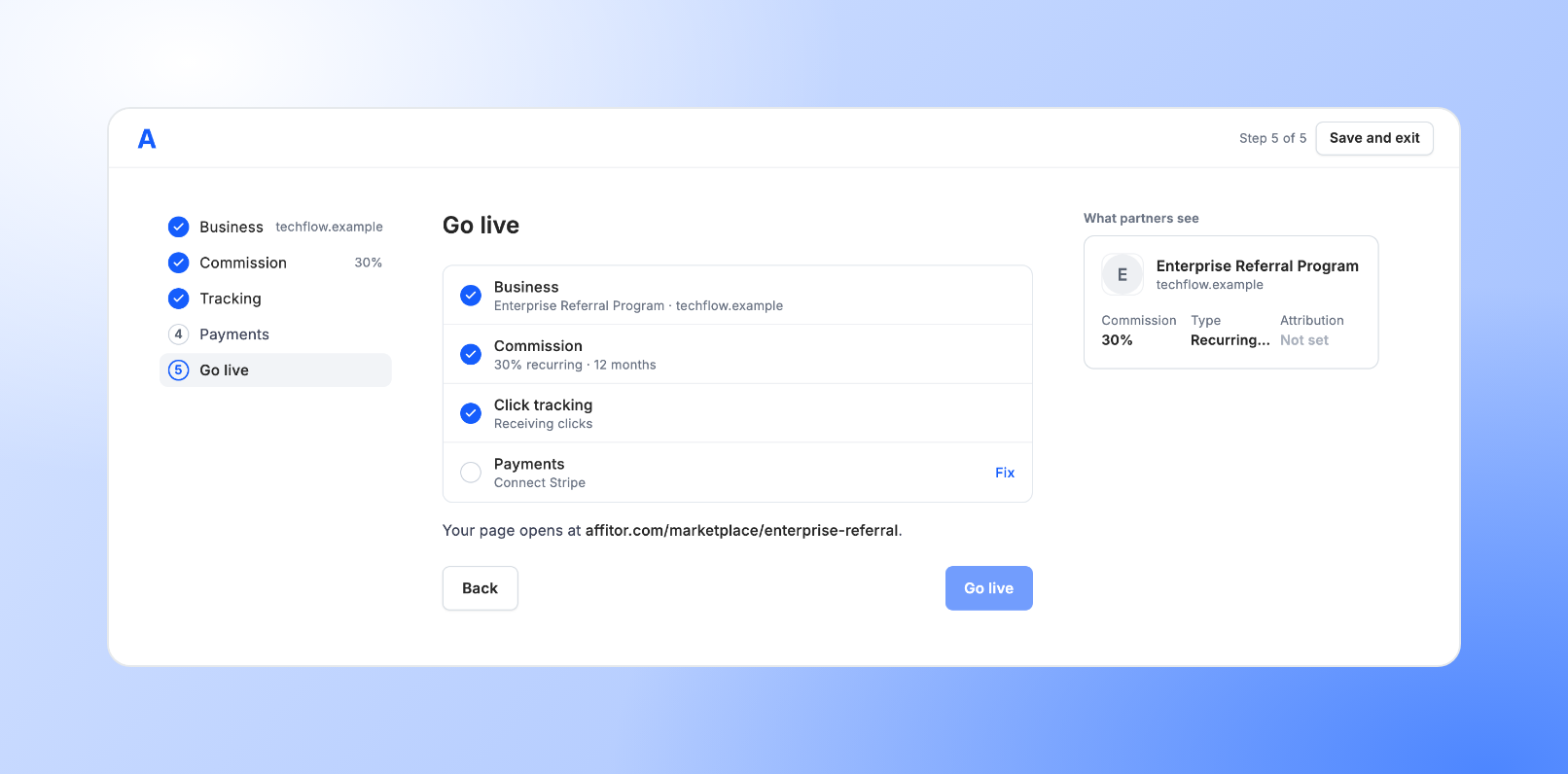 The Go live step: Business and Commission done, Click tracking receiving clicks, Payments not connected with a Fix link, and the Go live button turned off
