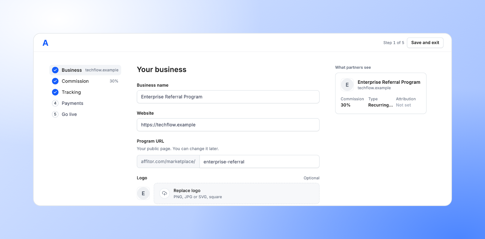 Program setup: the five steps on the left, the Business form in the middle and a preview card labeled What partners see