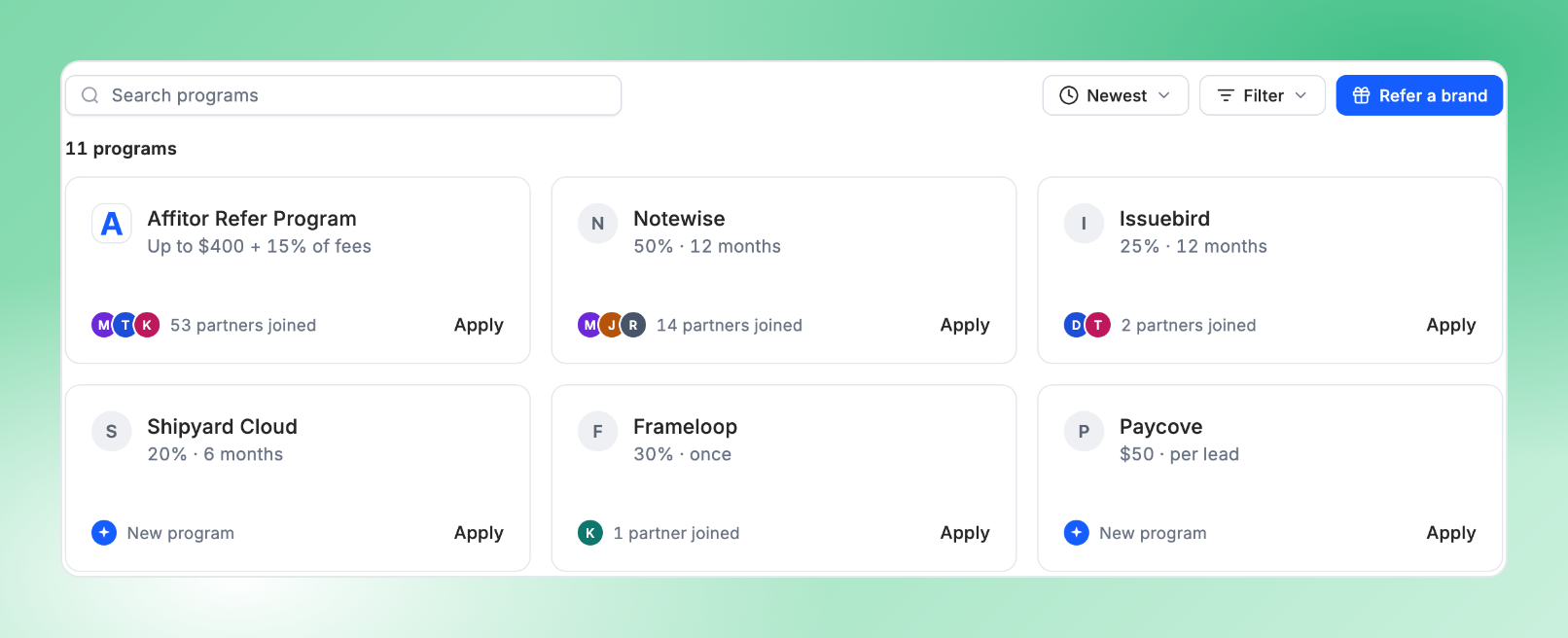 Marketplace cards with partner initials and counts such as 53 partners joined, New program on cards with no partners, and the Search, Newest, Filter and Refer a brand controls above them